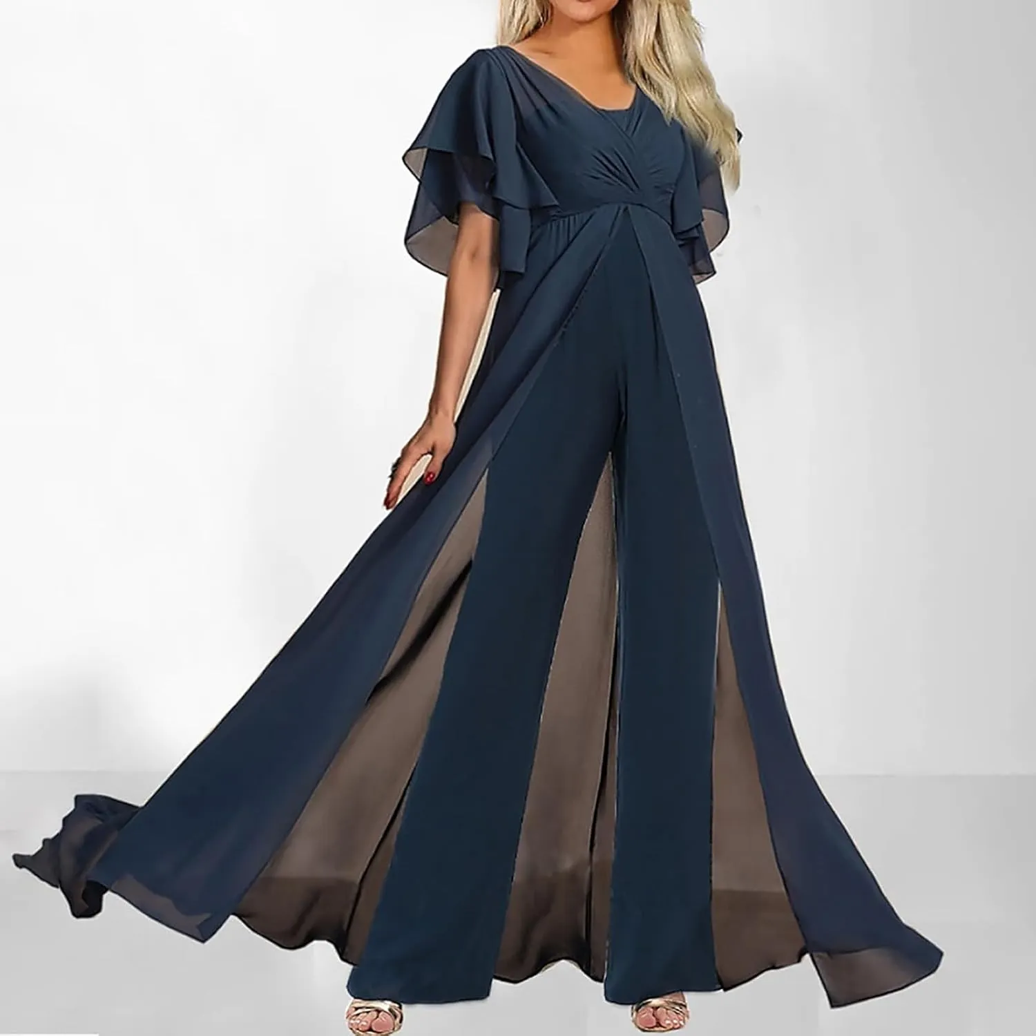 HGps8w Womens Flowy Jumpsuit Elegant Sleeveless Split Front Tunic Shirt Dressy Pant Suits 2 Piece Formal Dress Set