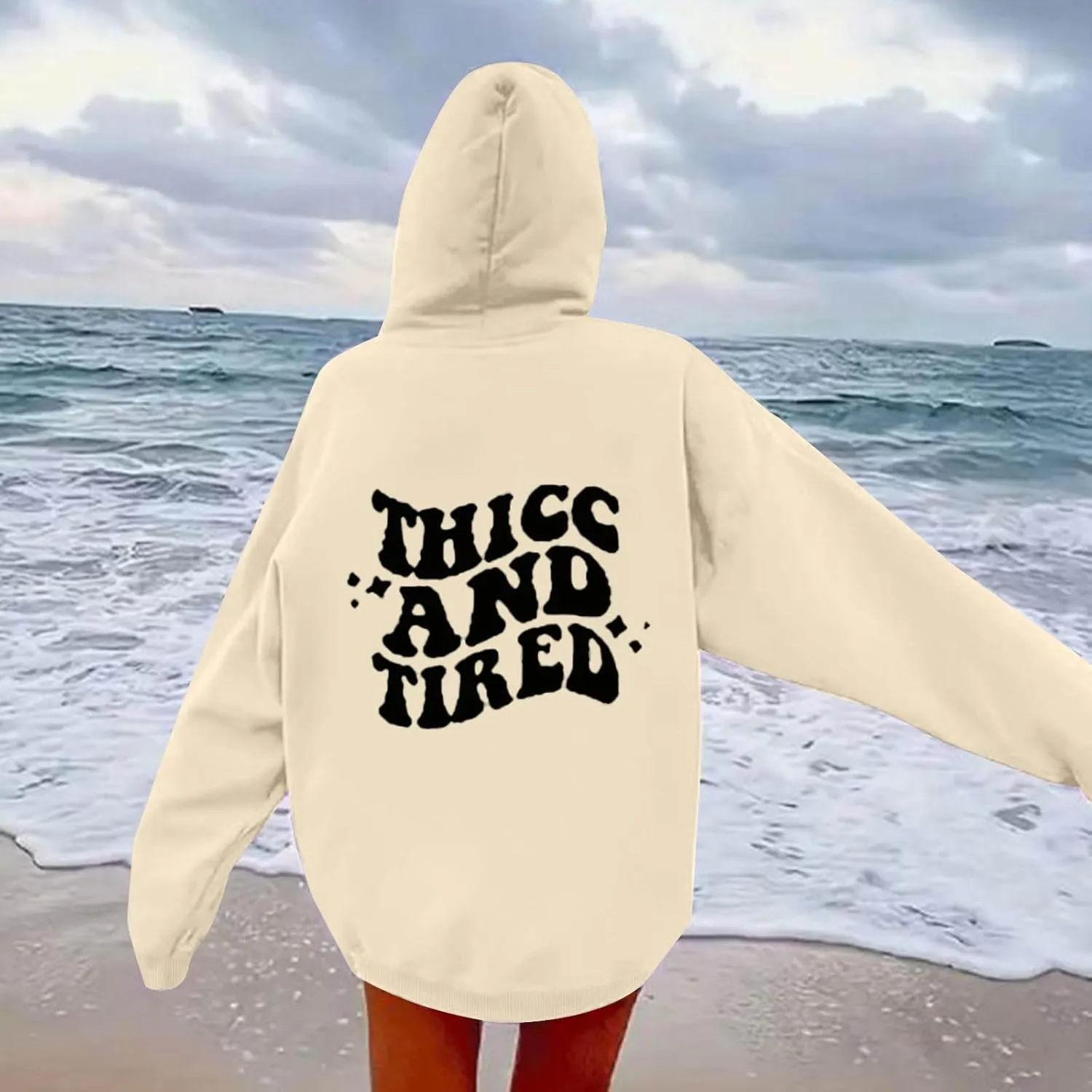 Hoodies Aesthetic Thicc and Tired Shape Printed Christian Pullover Hoodie with Pocket Drop Shoulder Loose Fit Fall Winter