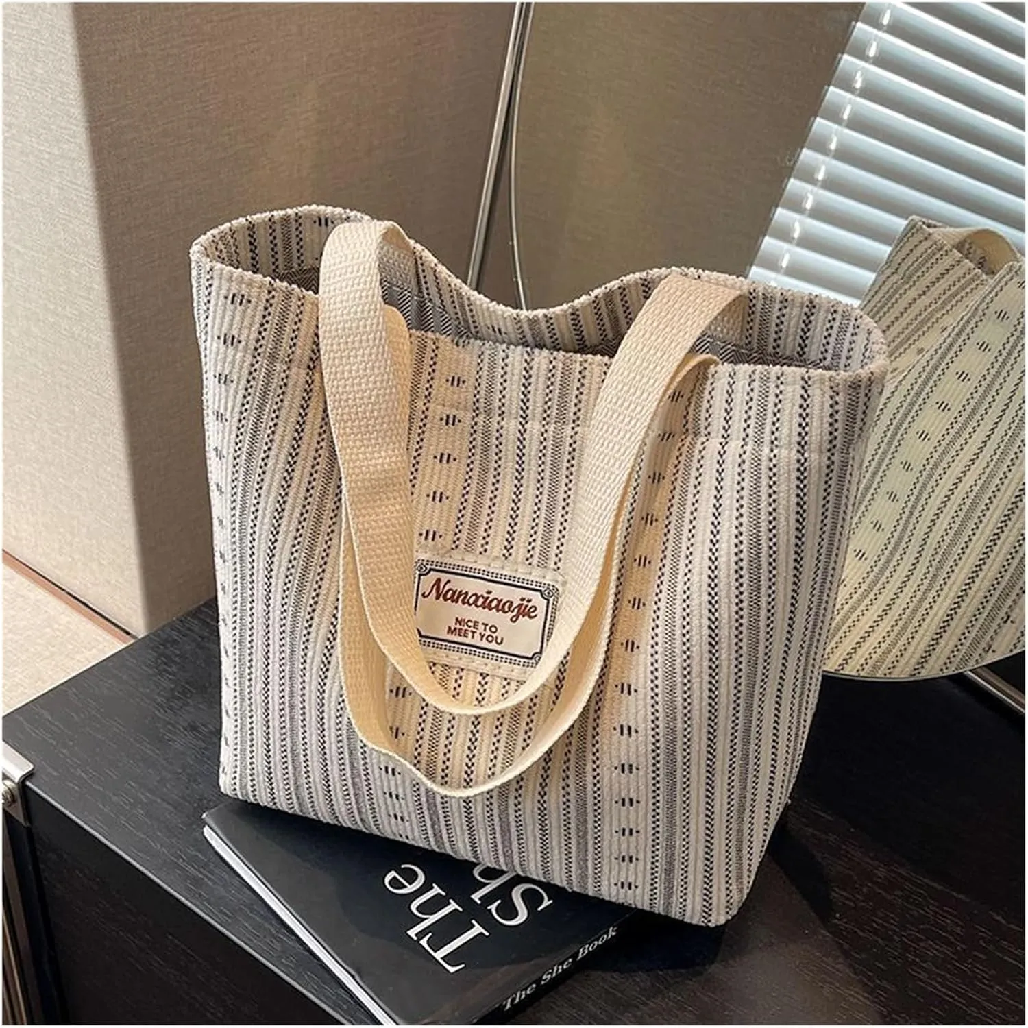 Internet celebrity canvas bag, fashionable striped shoulder bag, handbag, tote bag, commuter bag
