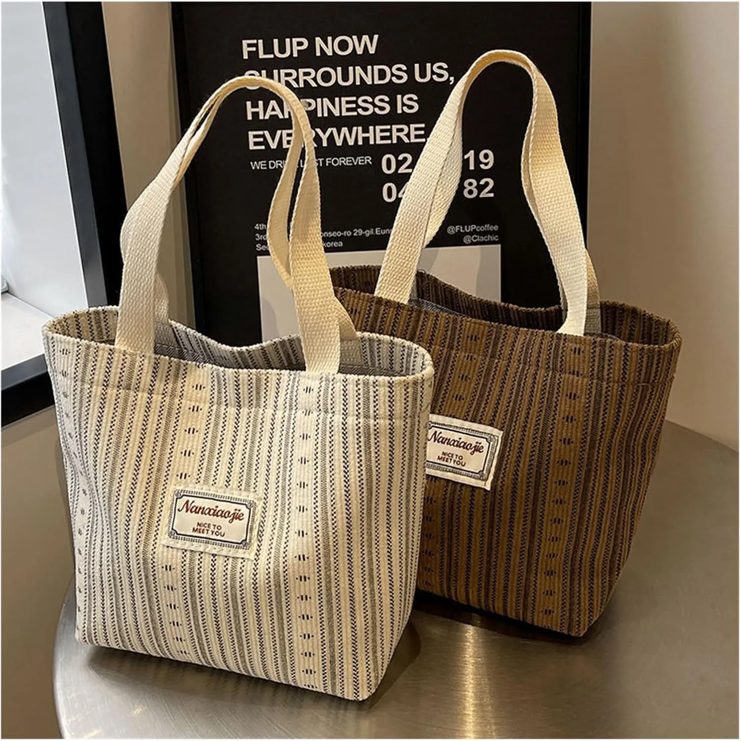 Internet celebrity canvas bag, fashionable striped shoulder bag, handbag, tote bag, commuter bag