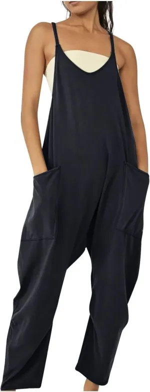 Jumpsuit for Women Loose V Neck Sleeveless Spaghetti Strap Harem Long Pants Rompers Overalls Jumpers with Pockets