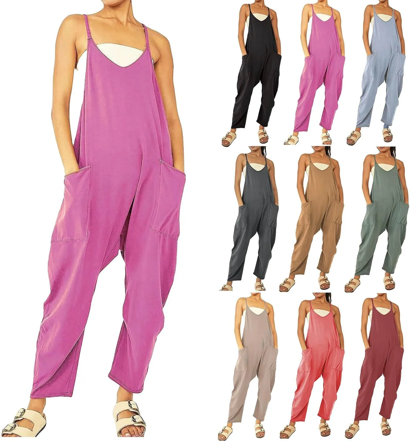 Jumpsuits for Women Casual Loose Sleeveless Jumpsuits Spaghetti Strap Harem Long Pants Romper Overalls with Pockets