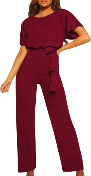 Jumpsuits For Women Elegant Loose Short Sleeve Belted Wide Leg Pant Romper Crewneck Wedding Overalls Formal Outfits