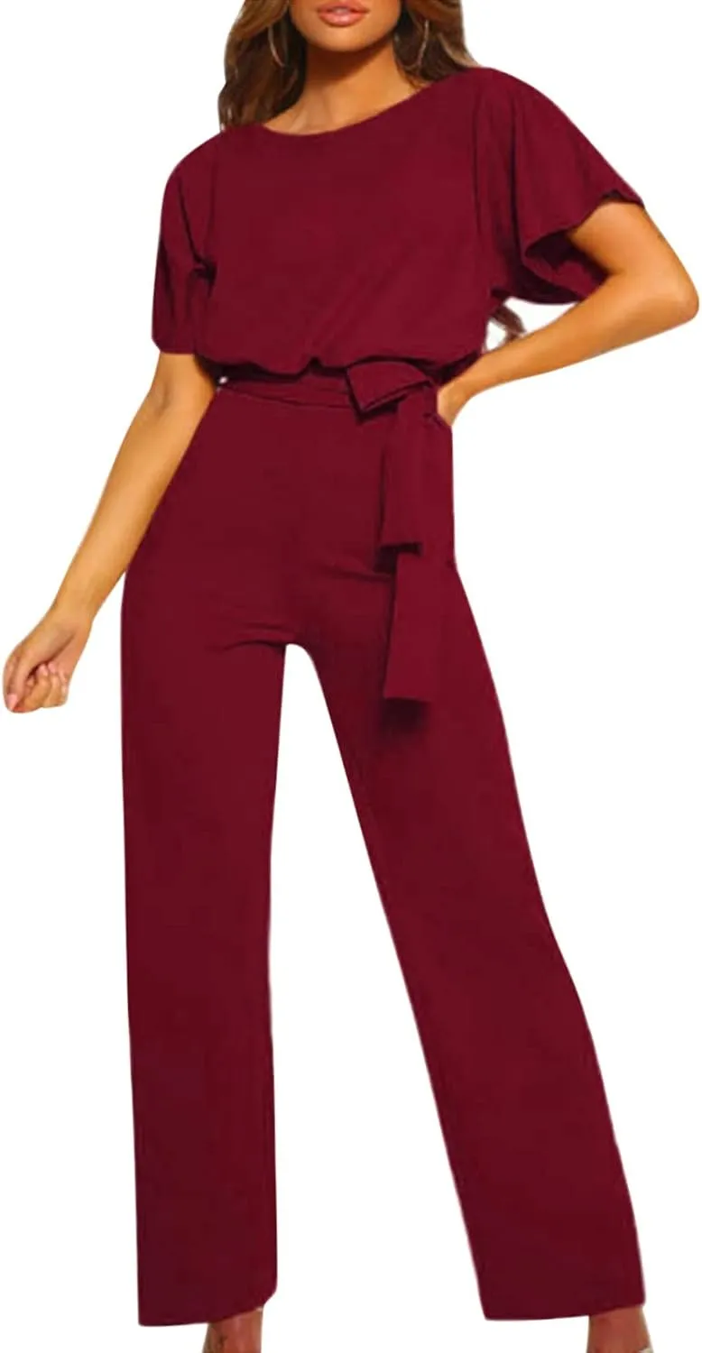 Jumpsuits For Women Elegant Loose Short Sleeve Belted Wide Leg Pant Romper Crewneck Wedding Overalls Formal Outfits