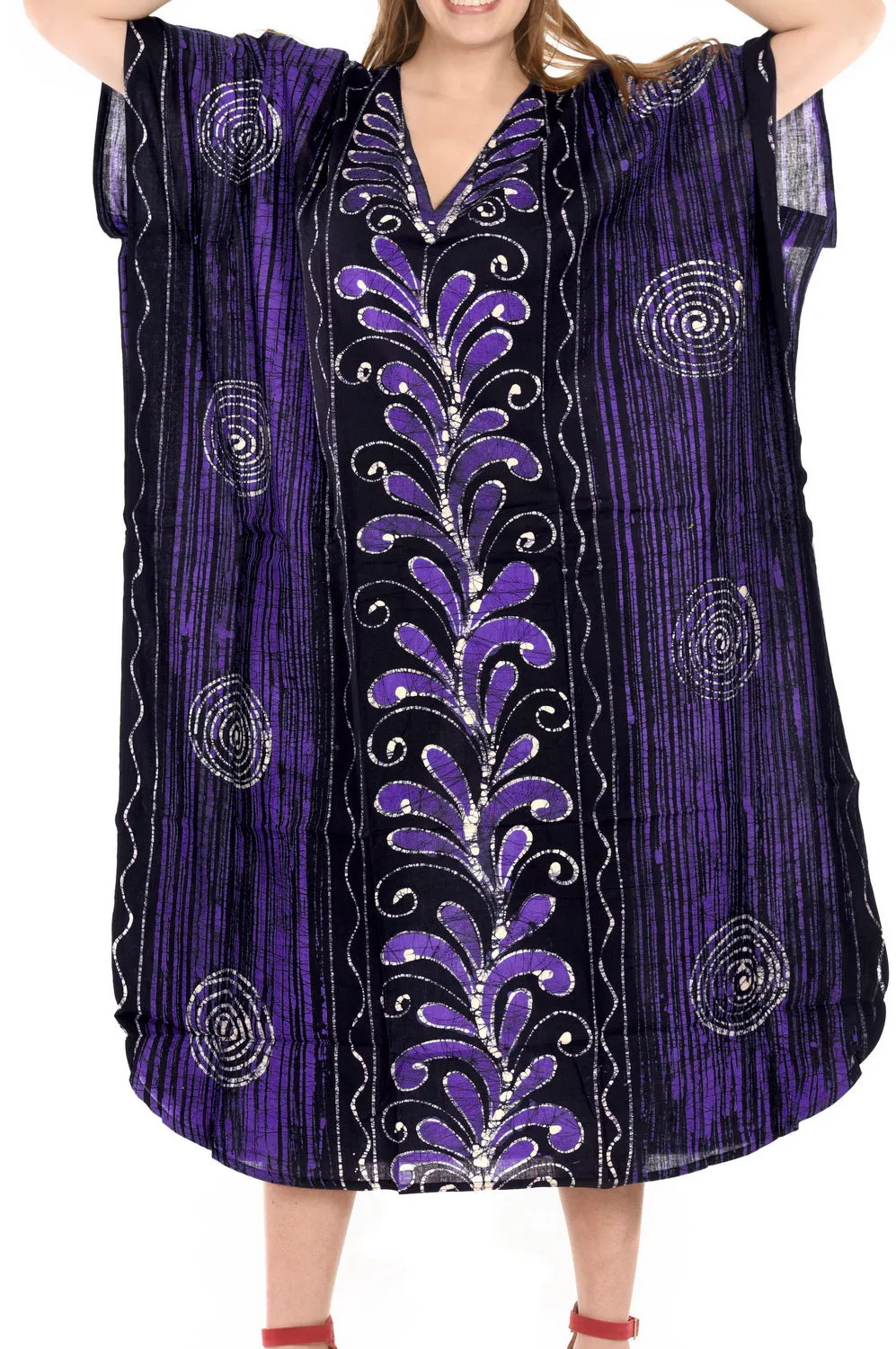 LA LEELA Cotton Batik Printed Women's Kaftan Kimono Summer Beachwear Cover up Dress Purple_D312