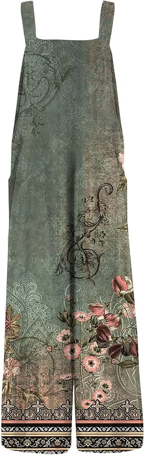 Linen Jumpsuits for Women Adjustable Straps Sleeveless Floral Printed Summer Overalls Linen Rompers with Pockets