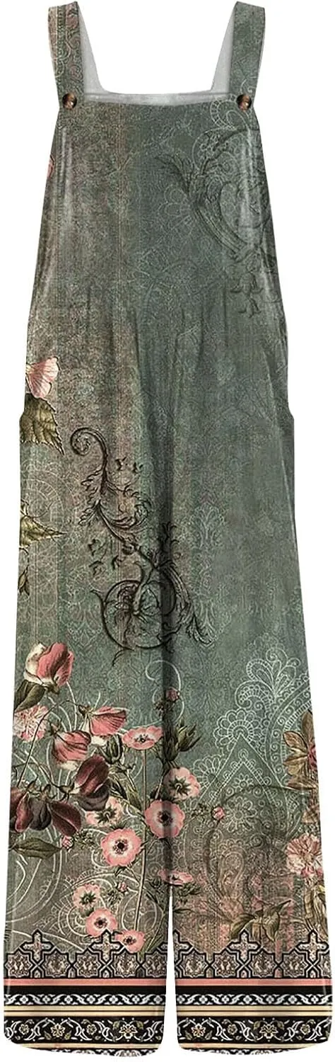 Linen Jumpsuits for Women Adjustable Straps Sleeveless Floral Printed Summer Overalls Linen Rompers with Pockets