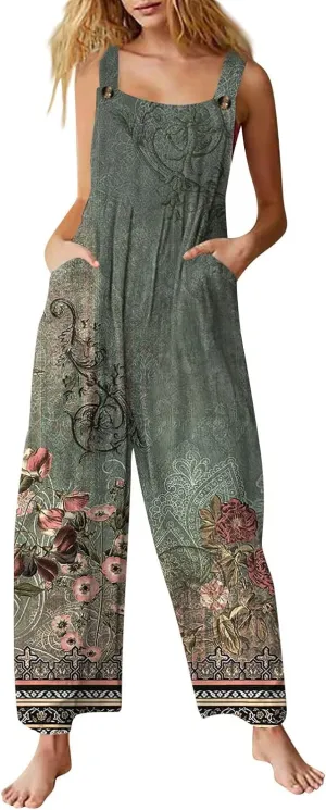 Linen Jumpsuits for Women Adjustable Straps Sleeveless Floral Printed Summer Overalls Linen Rompers with Pockets