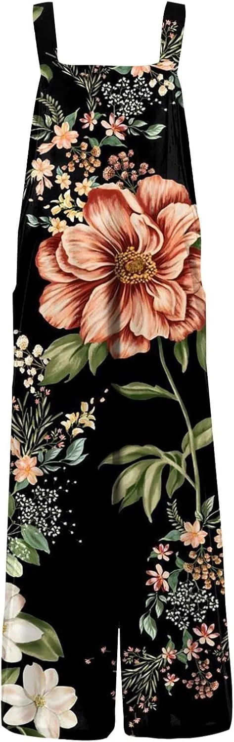 Linen Jumpsuits for Women Adjustable Straps Sleeveless Floral Printed Summer Overalls Linen Rompers with Pockets