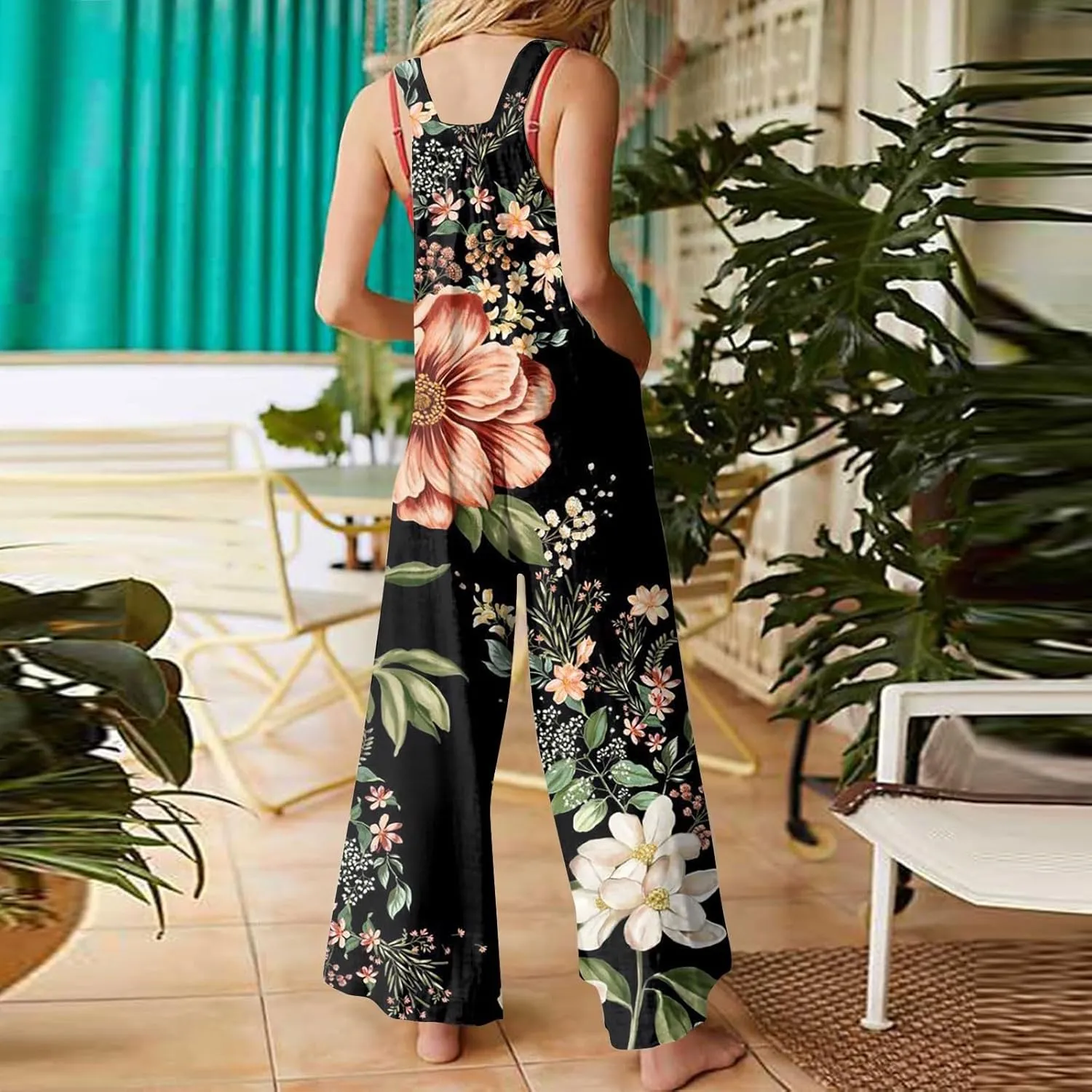 Linen Jumpsuits for Women Adjustable Straps Sleeveless Floral Printed Summer Overalls Linen Rompers with Pockets
