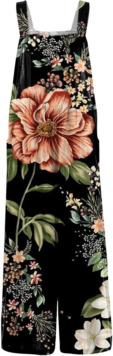 Linen Jumpsuits for Women Adjustable Straps Sleeveless Floral Printed Summer Overalls Linen Rompers with Pockets