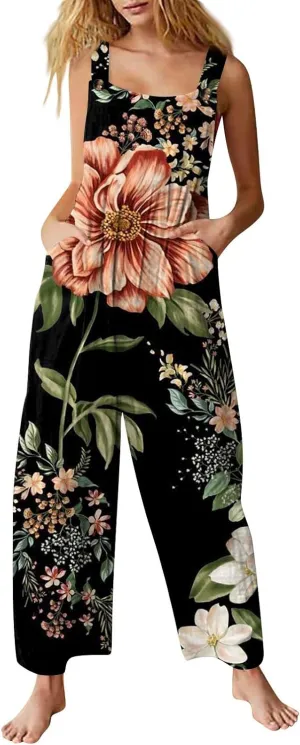 Linen Jumpsuits for Women Adjustable Straps Sleeveless Floral Printed Summer Overalls Linen Rompers with Pockets
