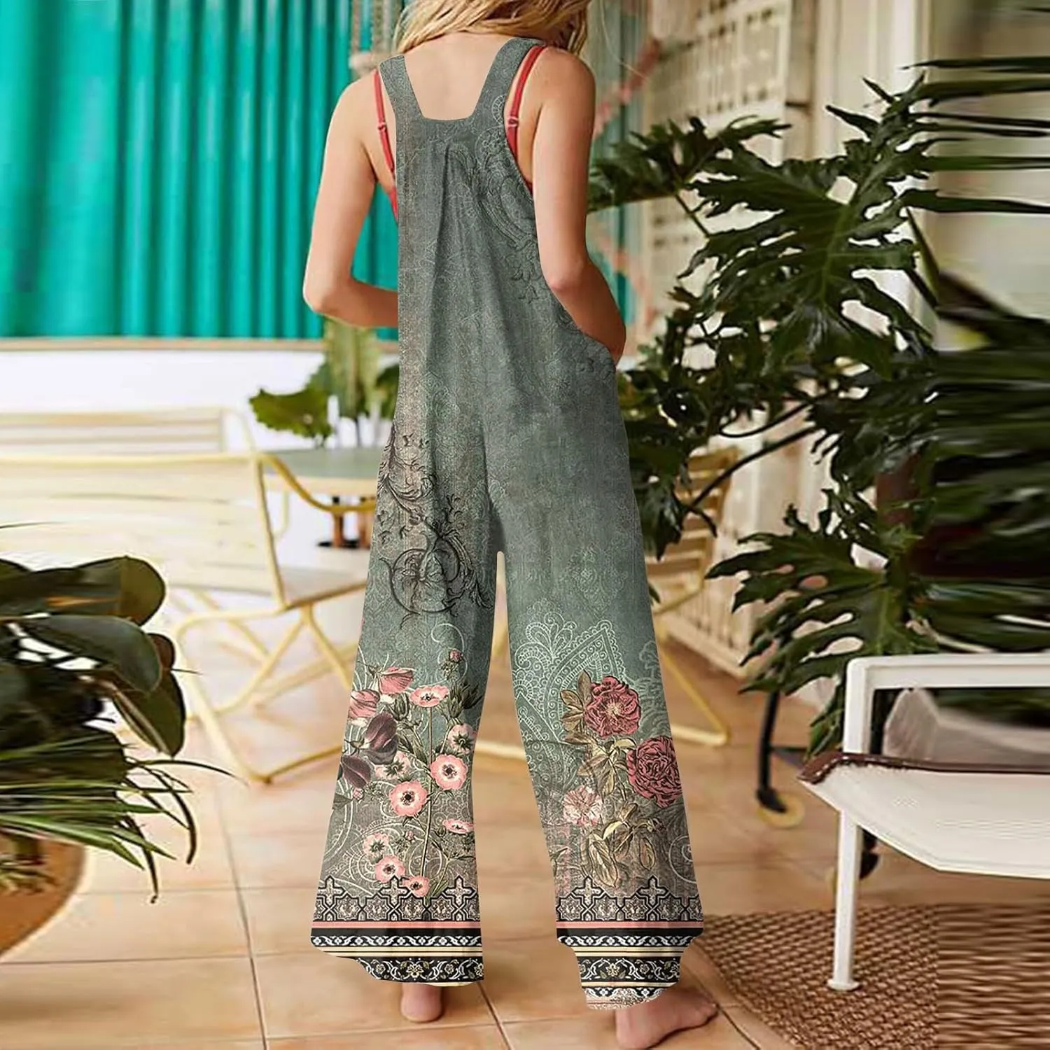 Linen Jumpsuits for Women Adjustable Straps Sleeveless Floral Printed Summer Overalls Linen Rompers with Pockets