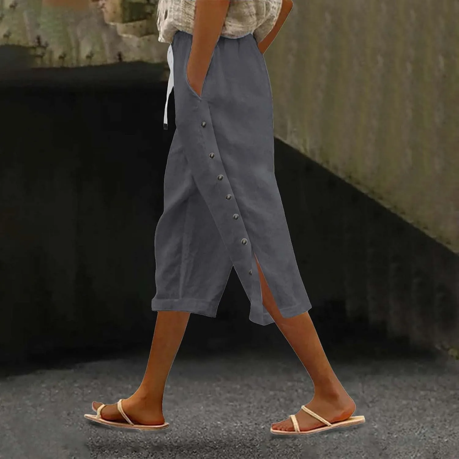 Linen Pants for Women Summer High Waist Elastic Drawstring Straight Leg Lounge Trousers Casual Loose Beach Pants