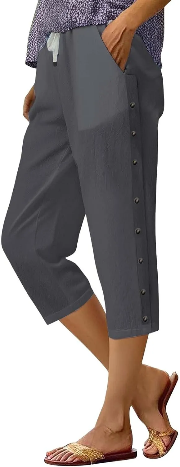 Linen Pants for Women Summer High Waist Elastic Drawstring Straight Leg Lounge Trousers Casual Loose Beach Pants