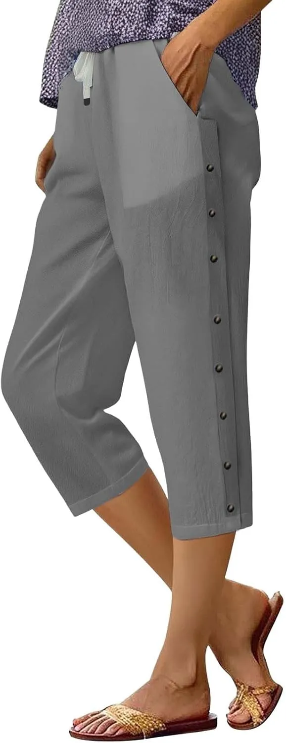 Linen Pants for Women Summer High Waist Elastic Drawstring Straight Leg Lounge Trousers Casual Loose Beach Pants
