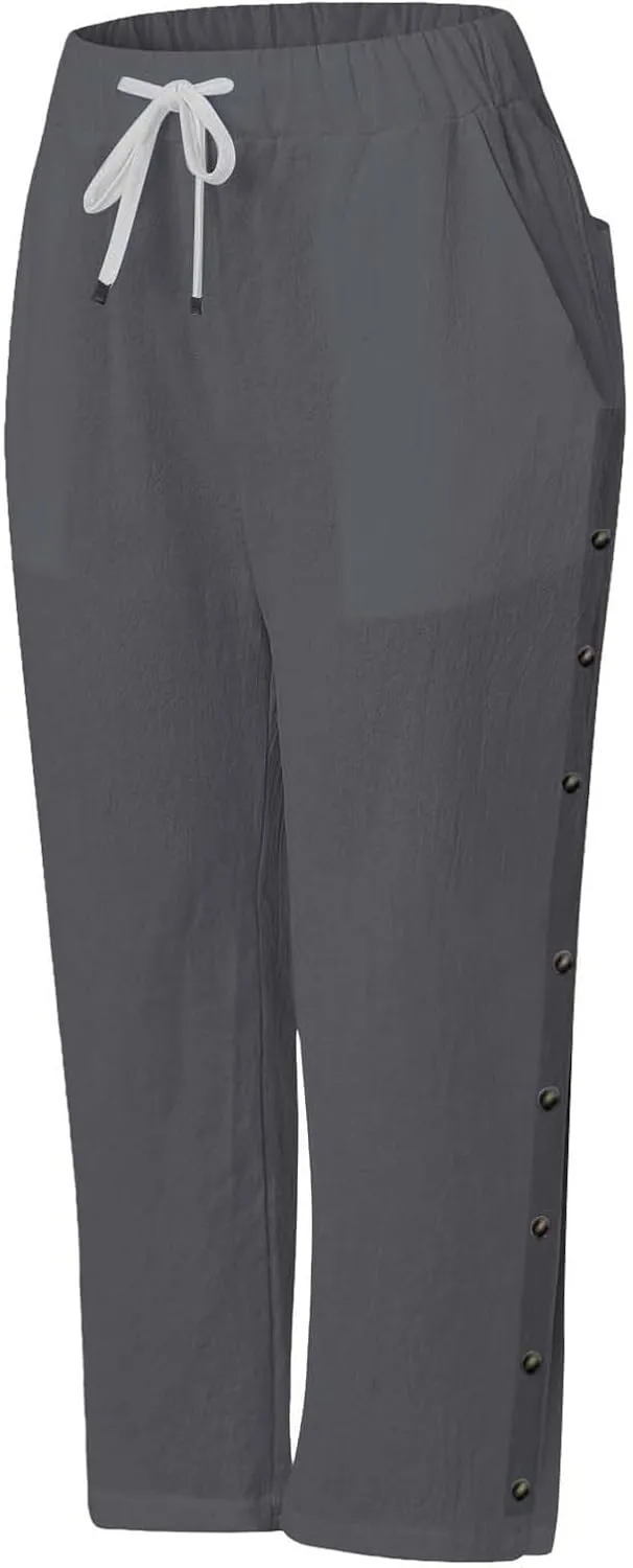 Linen Pants for Women Summer High Waist Elastic Drawstring Straight Leg Lounge Trousers Casual Loose Beach Pants