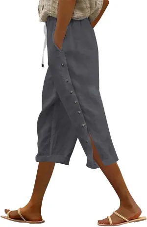 Linen Pants for Women Summer High Waist Elastic Drawstring Straight Leg Lounge Trousers Casual Loose Beach Pants