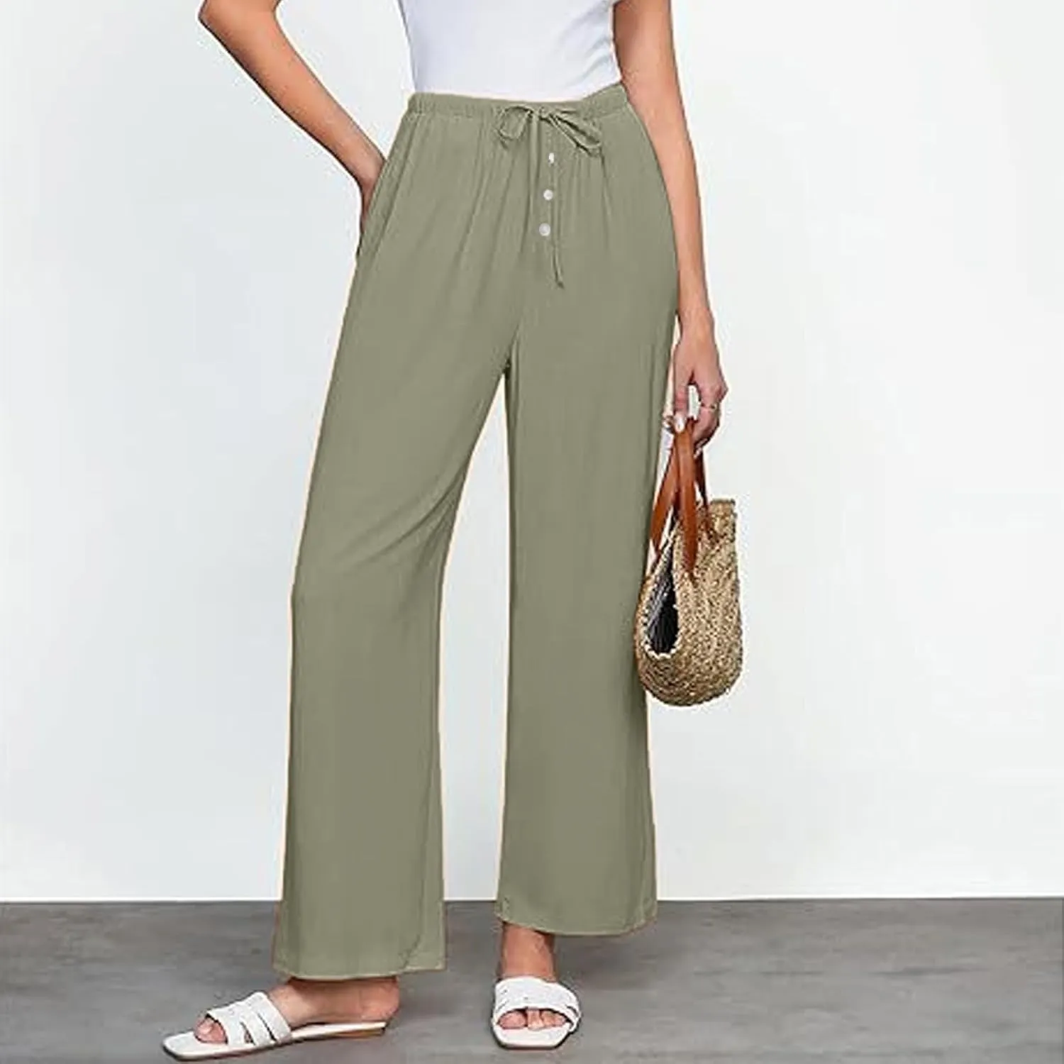 Linen Pants Women High Waisted Wide Leg Casual Beach Pull On Elastic Waist Trousers Summer Cropped Pants with Pockets