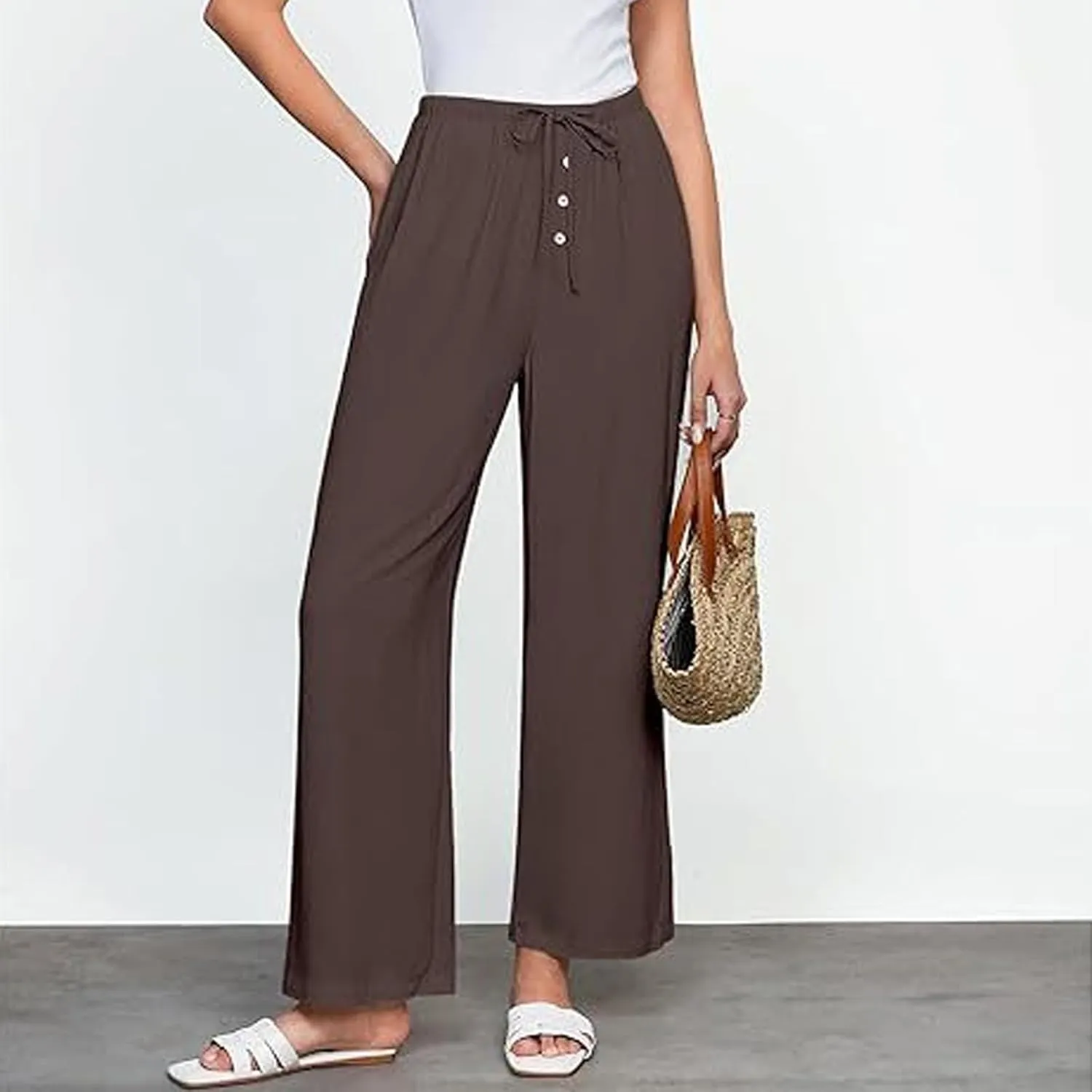 Linen Pants Women High Waisted Wide Leg Casual Beach Pull On Elastic Waist Trousers Summer Cropped Pants with Pockets