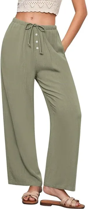 Linen Pants Women High Waisted Wide Leg Casual Beach Pull On Elastic Waist Trousers Summer Cropped Pants with Pockets