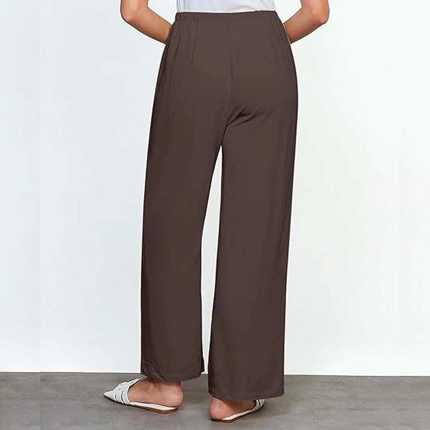 Linen Pants Women High Waisted Wide Leg Casual Beach Pull On Elastic Waist Trousers Summer Cropped Pants with Pockets