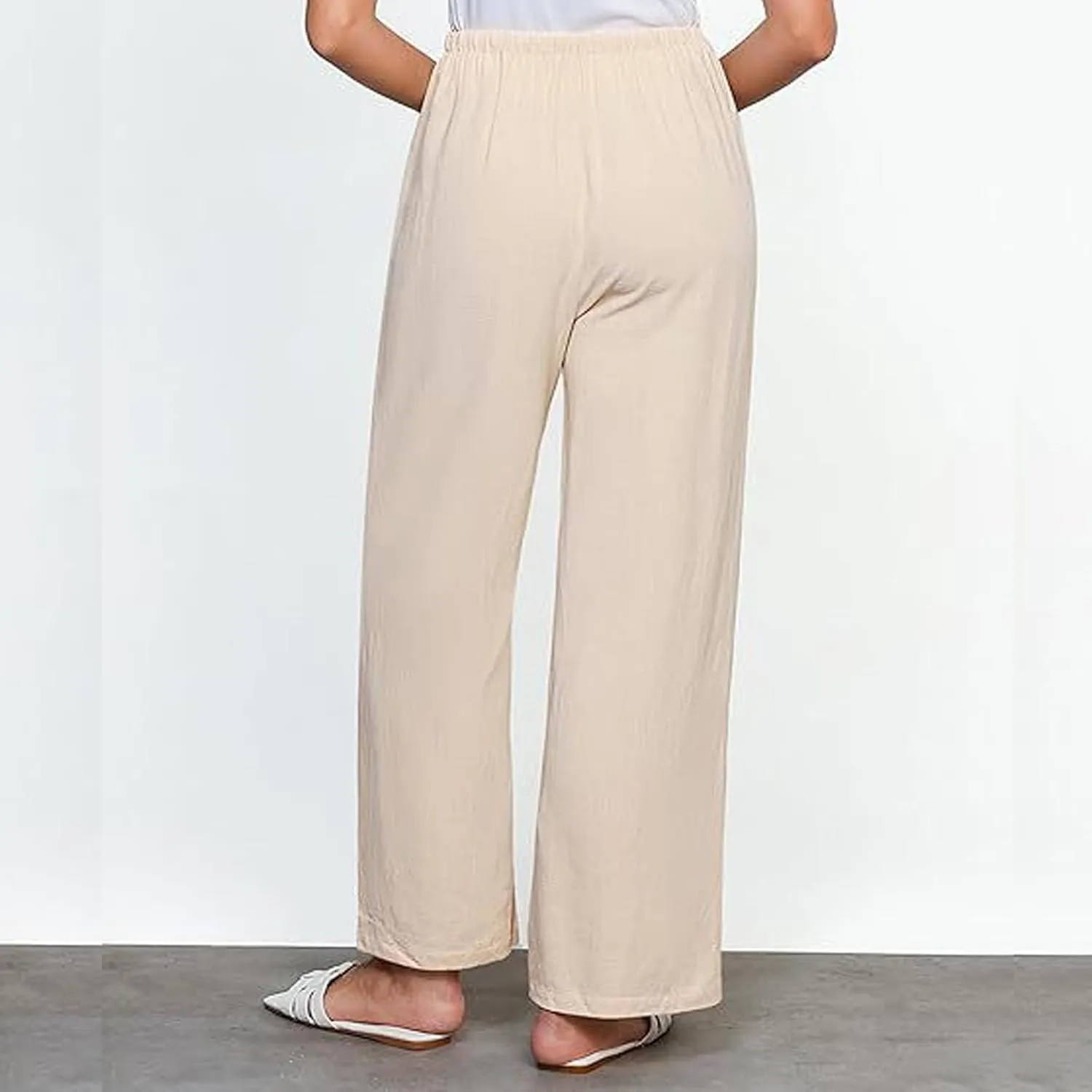 Linen Pants Women High Waisted Wide Leg Casual Beach Pull On Elastic Waist Trousers Summer Cropped Pants with Pockets