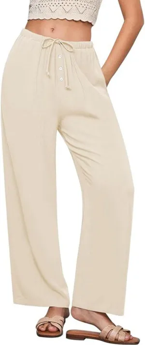 Linen Pants Women High Waisted Wide Leg Casual Beach Pull On Elastic Waist Trousers Summer Cropped Pants with Pockets