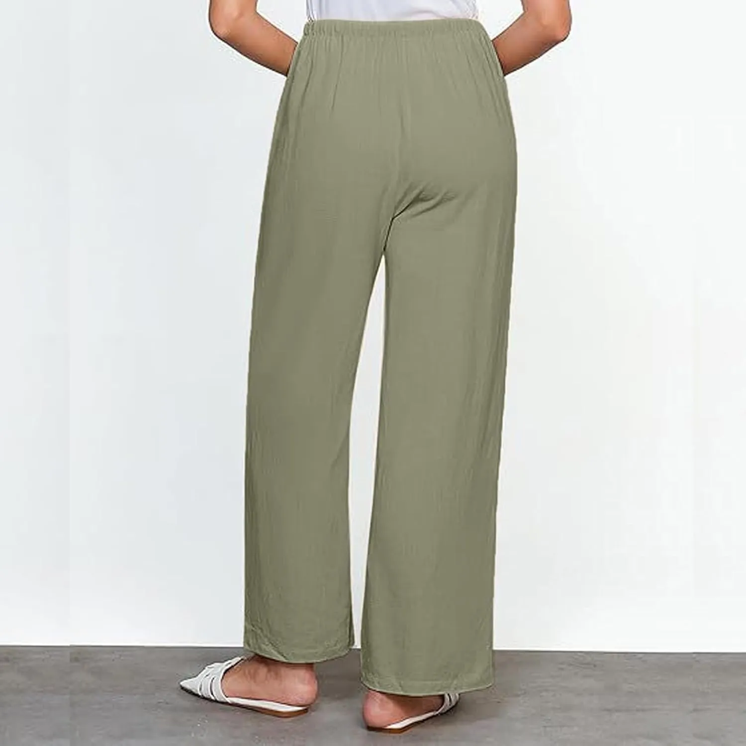Linen Pants Women High Waisted Wide Leg Casual Beach Pull On Elastic Waist Trousers Summer Cropped Pants with Pockets