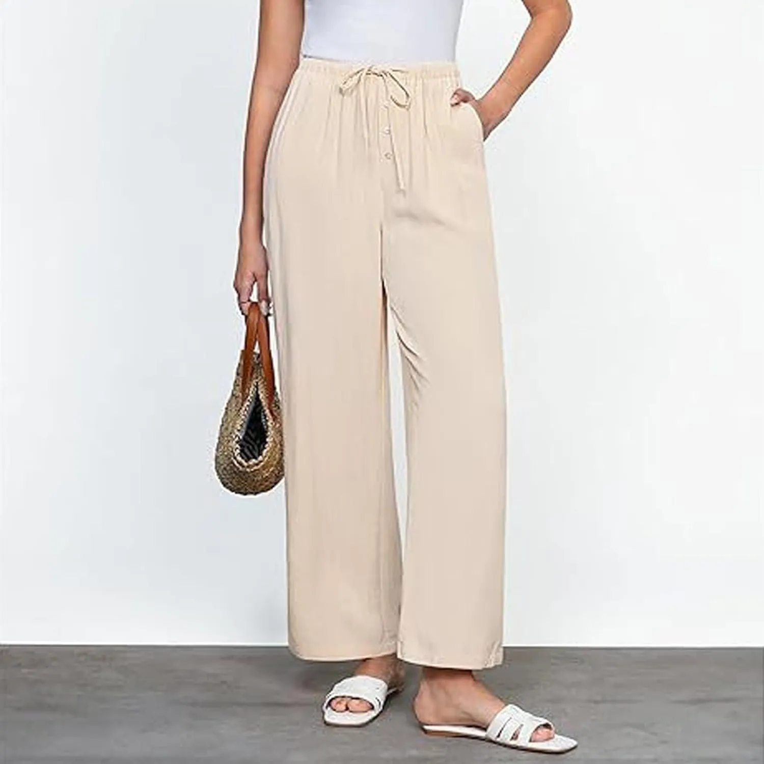Linen Pants Women High Waisted Wide Leg Casual Beach Pull On Elastic Waist Trousers Summer Cropped Pants with Pockets