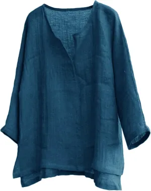 Linen Shirts for Men 3/4 Sleeve V Neck Pullover Henley Shirts Summer Solid Loose Fit Yoga Vocation Beach Shirts Tunic