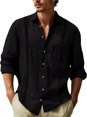 Linen Shirts for Men Striped Printed Button Down Lapel Collar Long Sleeve Shirt Cooton Casual Cardigans Fashion Top