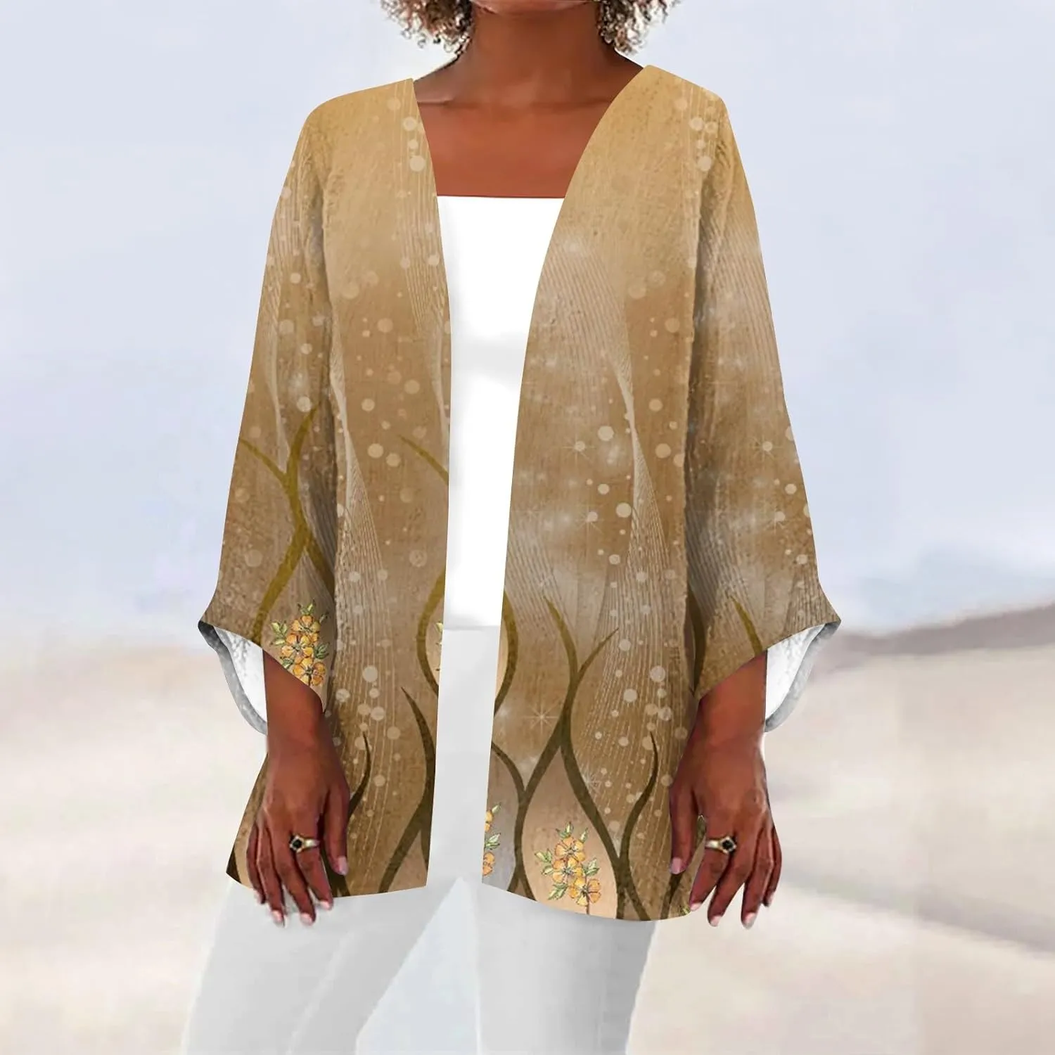 Long Cardigans for Women Trendy 3/4 Sleeve Casual Loose Open Front Cardigan Floral Printed Comfy Dressy Cardigans