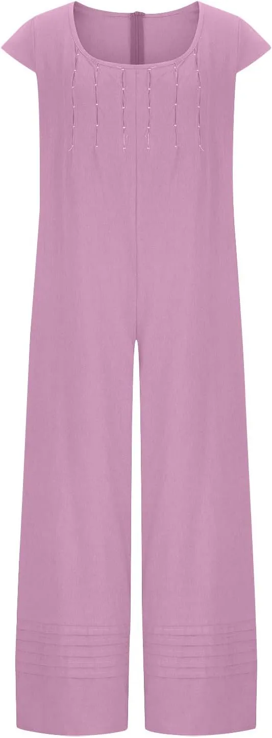 maisdgop Womens Rompers for Summer Short Sleeve Jumpsuits Casual Baggy Wide Leg Overalls Cotton Linen Harem Pants Romper