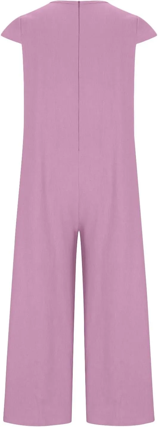 maisdgop Womens Rompers for Summer Short Sleeve Jumpsuits Casual Baggy Wide Leg Overalls Cotton Linen Harem Pants Romper