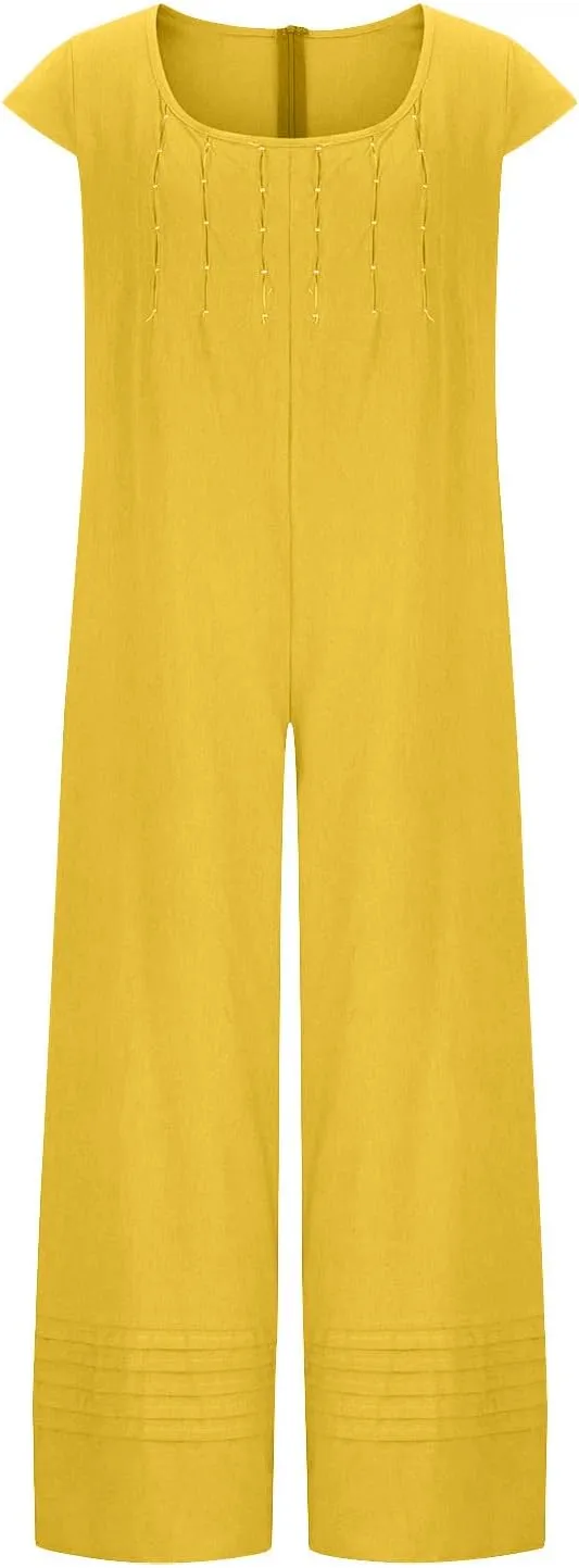 maisdgop Womens Rompers for Summer Short Sleeve Jumpsuits Casual Baggy Wide Leg Overalls Cotton Linen Harem Pants Romper