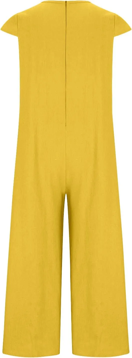 maisdgop Womens Rompers for Summer Short Sleeve Jumpsuits Casual Baggy Wide Leg Overalls Cotton Linen Harem Pants Romper
