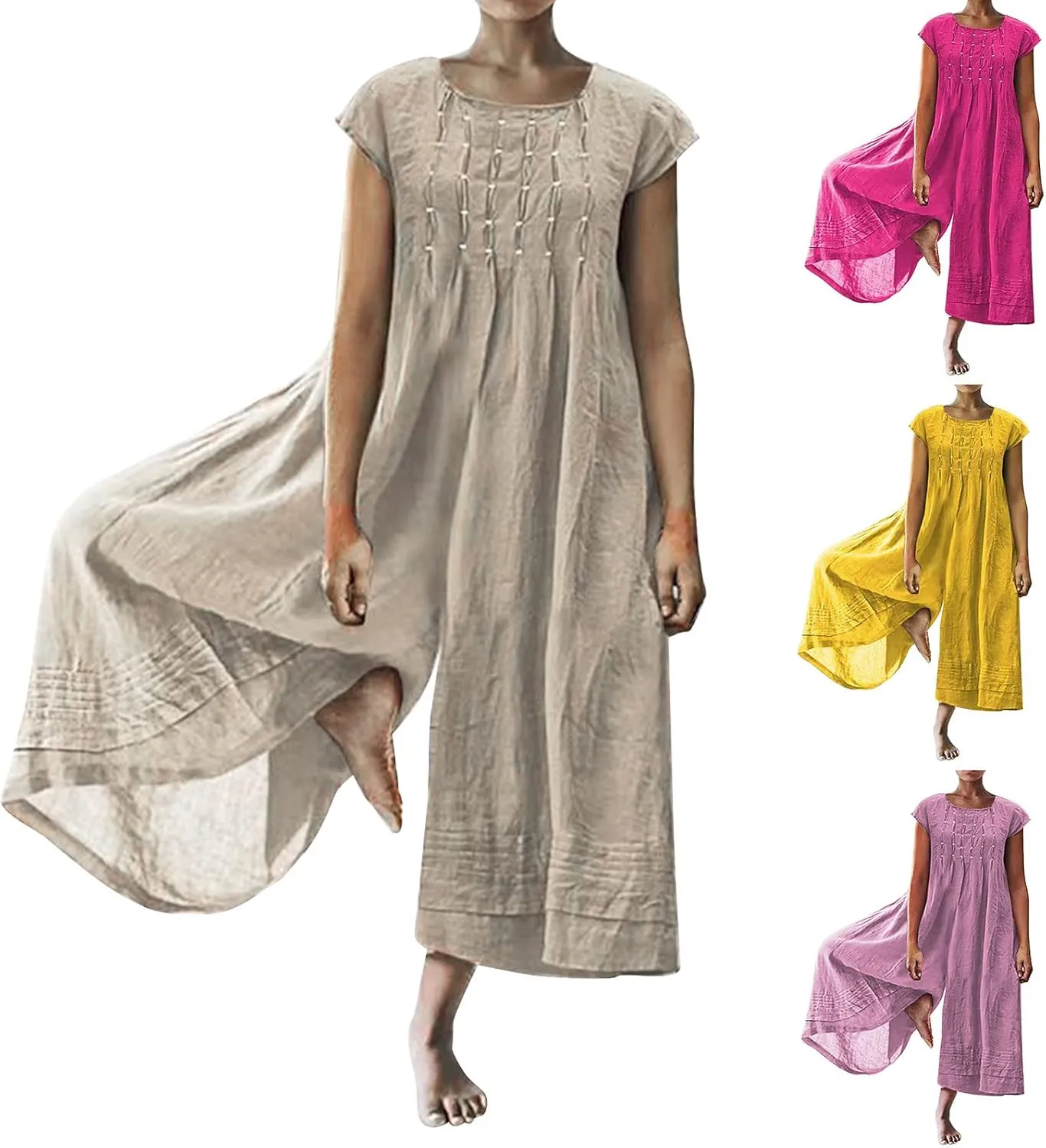 maisdgop Womens Rompers for Summer Short Sleeve Jumpsuits Casual Baggy Wide Leg Overalls Cotton Linen Harem Pants Romper