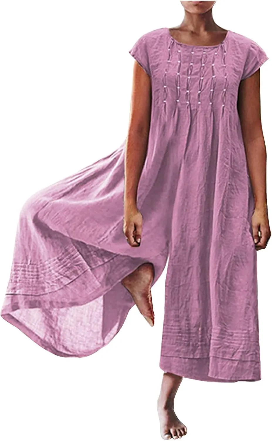 maisdgop Womens Rompers for Summer Short Sleeve Jumpsuits Casual Baggy Wide Leg Overalls Cotton Linen Harem Pants Romper