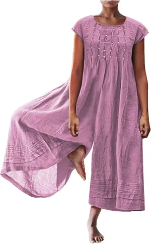 maisdgop Womens Rompers for Summer Short Sleeve Jumpsuits Casual Baggy Wide Leg Overalls Cotton Linen Harem Pants Romper