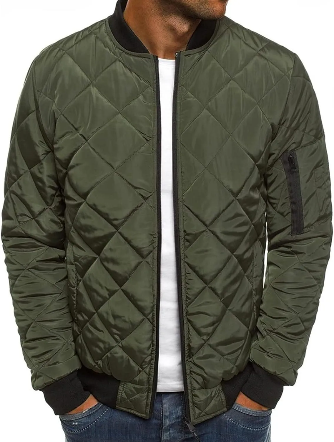 Maiyifu-GJ Men Diamond Quilted Bomber Jacket Lightweight Softshell Flight Jackets Windbreaker Varsity Slim Fit Full Zip Coat