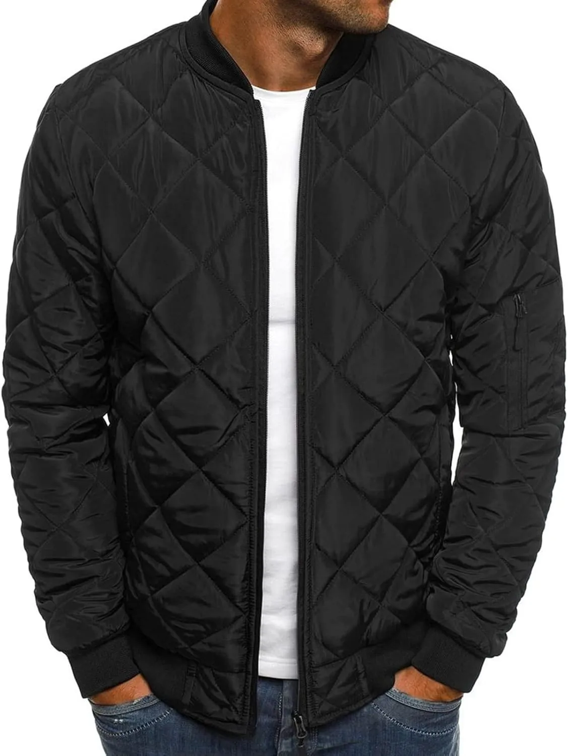 Maiyifu-GJ Men Diamond Quilted Bomber Jacket Lightweight Softshell Flight Jackets Windbreaker Varsity Slim Fit Full Zip Coat