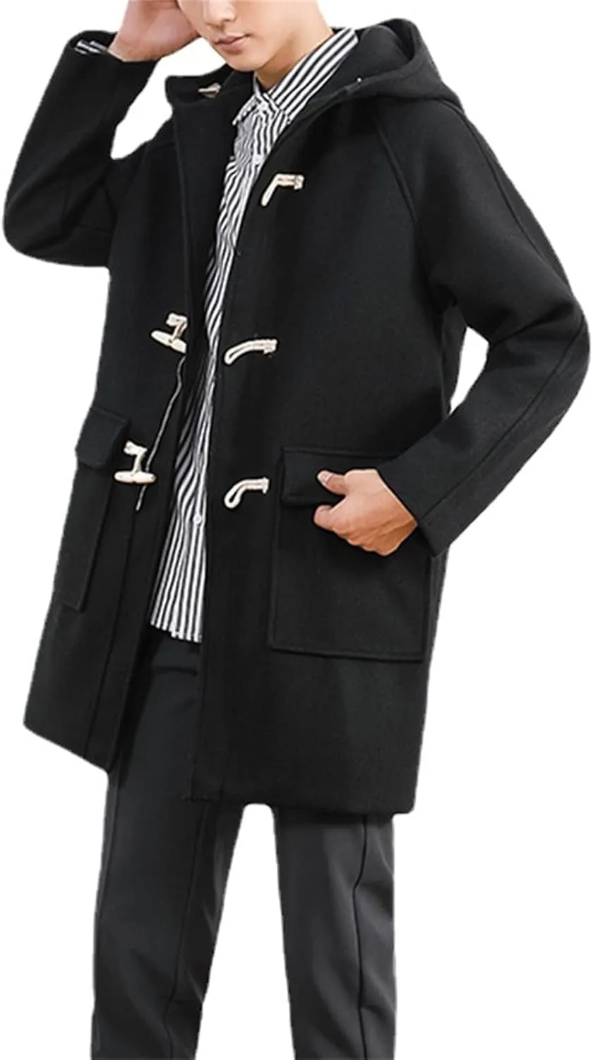 Maiyifu-GJ Men Hooded Trench Coat Mid-Length Single Breasted Windbreaker Jacket Winter Loose Fit Button Down Hoodie Overcoat