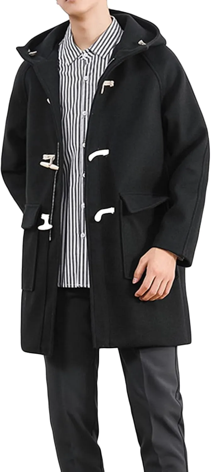 Maiyifu-GJ Men Hooded Trench Coat Mid-Length Single Breasted Windbreaker Jacket Winter Loose Fit Button Down Hoodie Overcoat