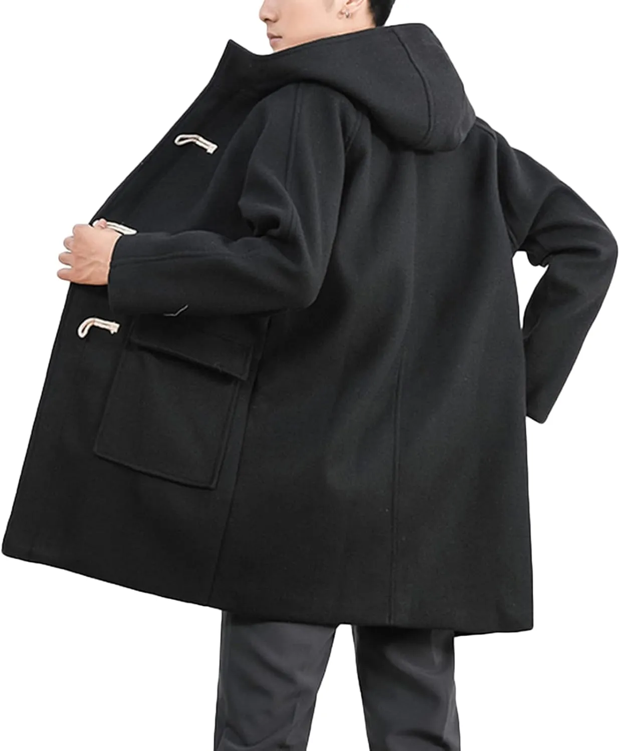 Maiyifu-GJ Men Hooded Trench Coat Mid-Length Single Breasted Windbreaker Jacket Winter Loose Fit Button Down Hoodie Overcoat