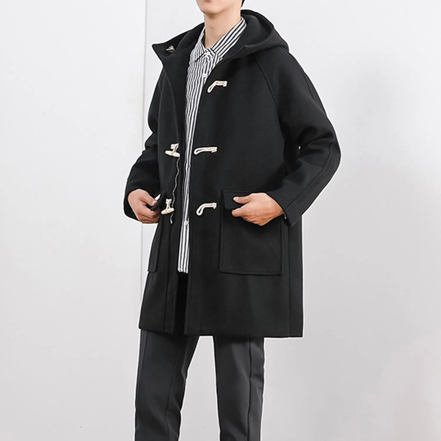 Maiyifu-GJ Men Hooded Trench Coat Mid-Length Single Breasted Windbreaker Jacket Winter Loose Fit Button Down Hoodie Overcoat