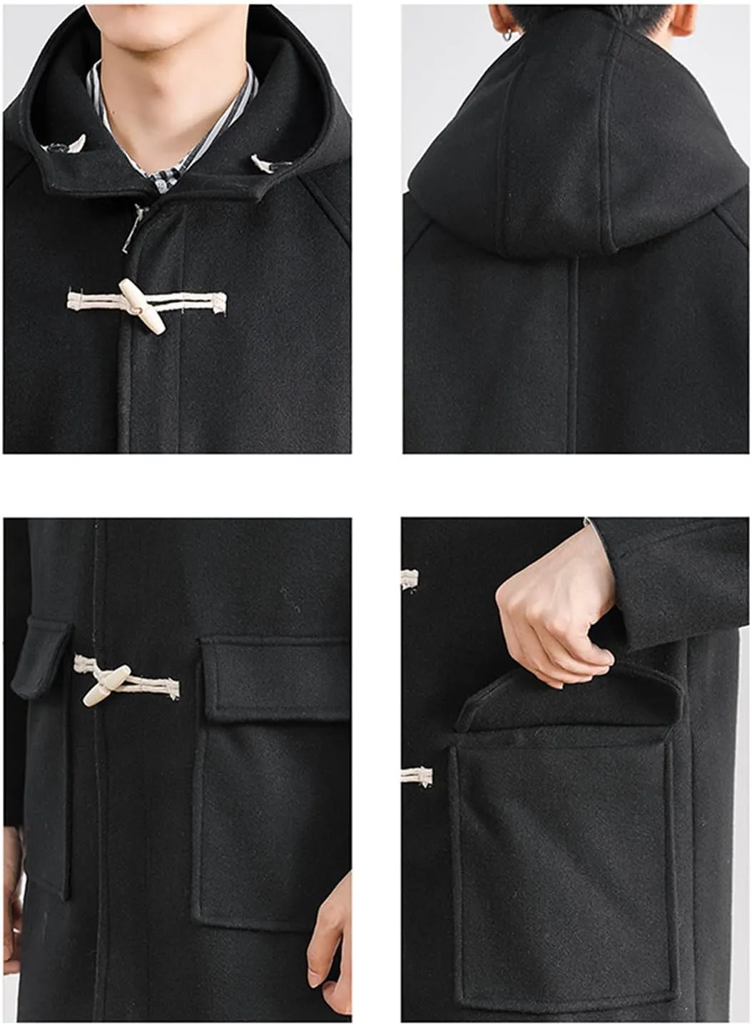 Maiyifu-GJ Men Hooded Trench Coat Mid-Length Single Breasted Windbreaker Jacket Winter Loose Fit Button Down Hoodie Overcoat