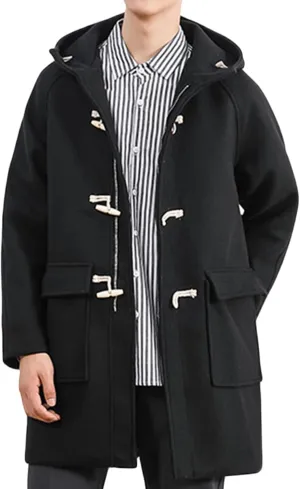 Maiyifu-GJ Men Hooded Trench Coat Mid-Length Single Breasted Windbreaker Jacket Winter Loose Fit Button Down Hoodie Overcoat