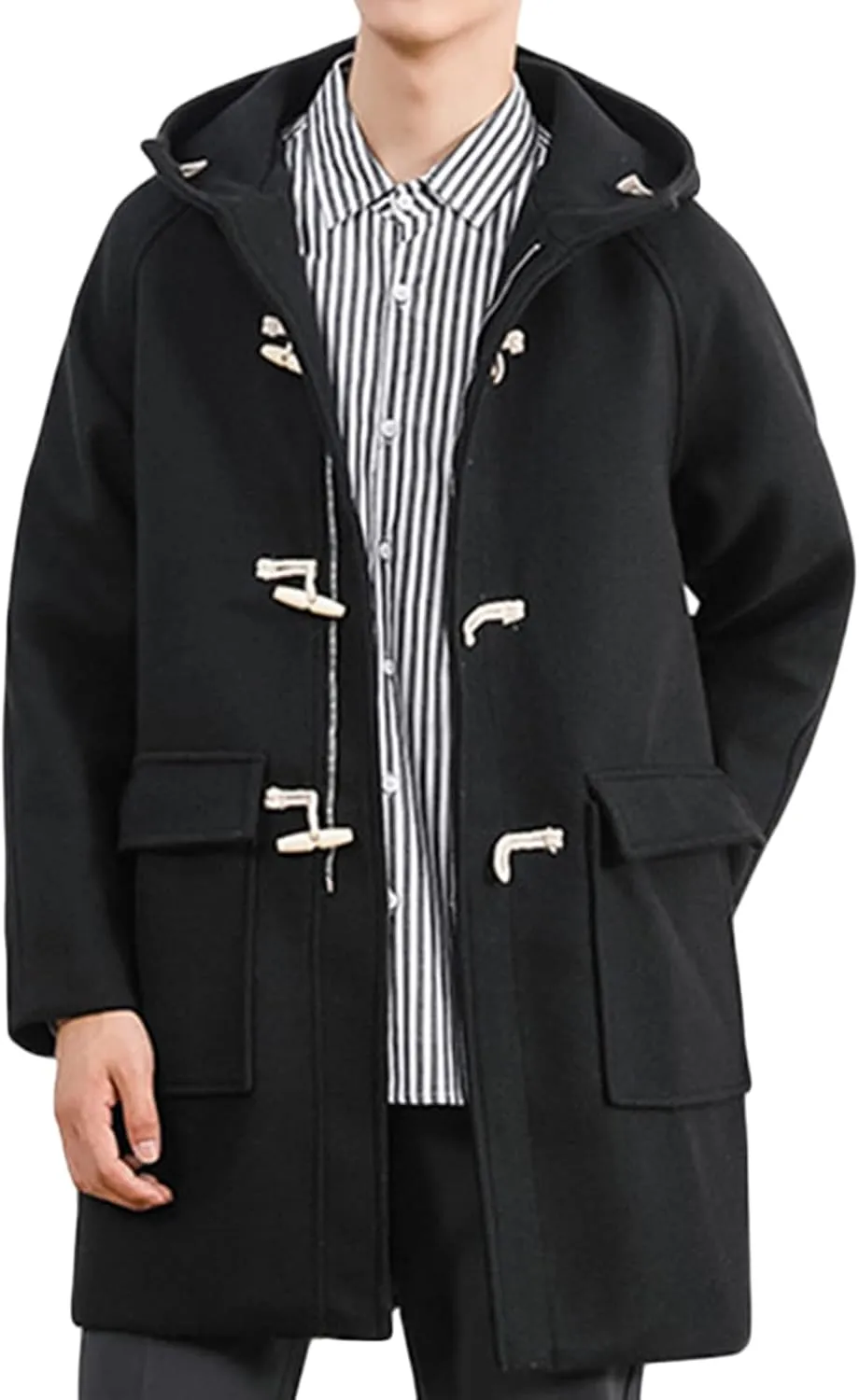 Maiyifu-GJ Men Hooded Trench Coat Mid-Length Single Breasted Windbreaker Jacket Winter Loose Fit Button Down Hoodie Overcoat