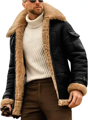 Maiyifu-GJ Men Retro Sherpa Fleece Lined Jacket Faux Pu Leather Winter Lapel Trucker Jacket Vintage Full-Zip Windbreaker Coat (Black,Large)